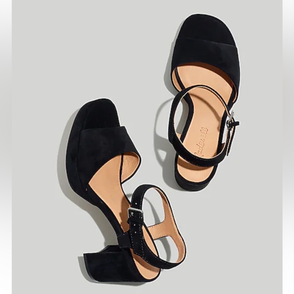 Madewell Daphne Leather Black Suede Ankle Strap Heel Sandals Size 7.5
